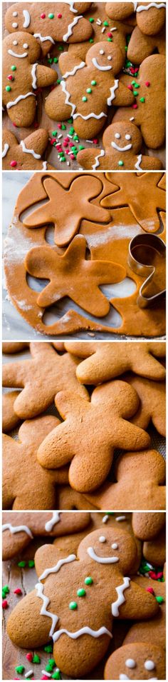 several different pictures of ginger cookies with sprinkles and icing on them