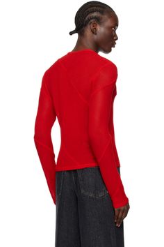 Eckhaus Latta: Red Spiral Long Sleeve T-Shirt | SSENSE Fitted Red Knit Top For Spring, Fitted Red Mesh Top For Spring, Stretch Crew Neck Mesh Top For Layering, Stretch Mesh Top With Crew Neck For Layering, Red Fine Knit Fitted Top, Red Crew Neck Knit Top, Red Fitted Fine Knit Top, Trendy Red Crew Neck Knit Top, Red Mesh Top For Spring