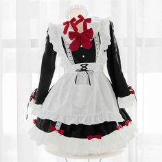 Cute Red Bows Maid Dress EE0955 Material: polyester, cotton Color: black Including: Hairband+dress+apron+bow tie Size: M L M: Length: 85cm, Shoulder: 36cm, Bust: under 86cm, Waist: Under 76cm: L:   Length: 86cm, Shoulder: 37cm, Bust: under 90cm, Waist: Under 80cm Tip: 1cm = 0.3937inch Red Long Sleeve Mini Dress For Costume Party, Harajuku Style White Mini Dress, White Harajuku Mini Dress, Harajuku Style Red Dress For Costume Party, Red Harajuku Style Dress For Costume Party, Harajuku Mini Dress For Costume Party, Harajuku Red Ruffled Dress, Harajuku Style Red Dress With Ruffles, Harajuku Style Red Long Sleeve Dress