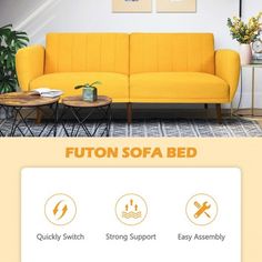 the futon sofa bed is available in multiple colors and sizes, with instructions on how to use it