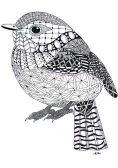 a black and white drawing of a bird on a branch with an intricate pattern in the background