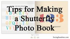 an open book with the title tips for making a shutterfly photo book