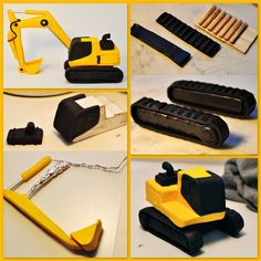 there are many different pictures of construction equipment on the table, including a bulldozer