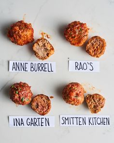 several different types of meatballs with names on them and labeled in small magnets