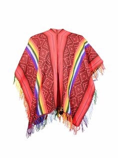 Our traditional woven red and black poncho with rainbow stripes is as stylish as it is practical at keeping the chill off. Pattern and fringe may vary slightly. Woven in the Sacred Valley of the Incas, Peru. Red One-size Poncho Cape, Red One-size Cape Shawl, Red One-size Cape Poncho, Red One Size Cape Poncho, Multicolor Shawl With Tassels For Festival, Multicolor Tassel Shawl For Festival, Traditional Red Poncho For Fall, Traditional Red Fall Poncho, Traditional Red One-size Poncho