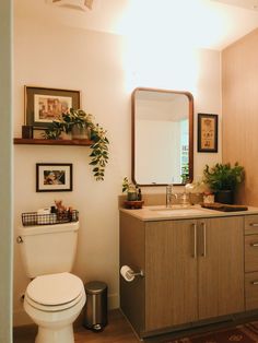 a white toilet sitting next to a sink in a bathroom under a mirror and potted plant