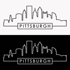 the pittsburgh skyline is shown in black and white, with an outline of the city