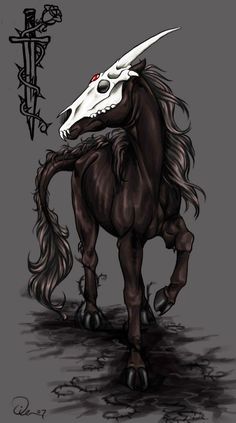 a drawing of a horse with a skull on it's head and horns in its mouth