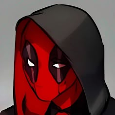 a cartoon character wearing a red hoodie and black jacket with eyes wide open, staring at the camera