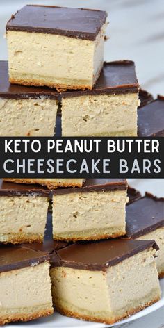 several pieces of peanut butter cheesecake bars stacked on top of each other with text overlay