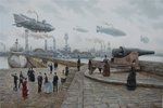 an oil painting of people walking on a sidewalk near a large body of water with ships in the background