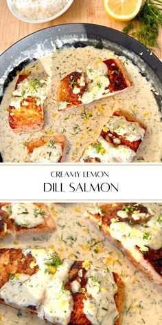 two pictures of salmon with cream sauce in a skillet on a wooden table next to rice and lemon wedges