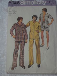 "A vintage 1973 Simplicity Pattern 5946. The pajama top with front button closing, has long set-in sleeves, patch pockets, buttons and buttonholes or decorative snap fasteners and top-stitching trim. View 1 has shirt type collar. View 1 and 2 have long sleeves. View 2 and 3 have \"V\" shaped neckline. View 3 has short set-in sleeves. The long pants View 1 and 2 and short pants View 3 with front fly opening have casing and drawstring. Size Medium Chest 38-40 The pattern is complete with all 10 pi Retro Long Sleeve Sleepwear For Pajama Party, Retro Long Sleeve Sleepwear For Home, Retro Long Sleeve Cotton Sleepwear, Retro Long Sleeve Sleepwear For Loungewear, Vintage Long Sleeve Loungewear Set, Vintage Long Sleeve Sleepwear For Loungewear, Vintage Long Sleeve Sleepwear For Lounging, Short Pajamas, Good Luck Charlie