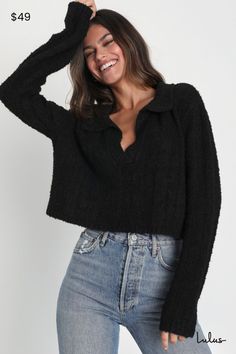 The Lulus Plush Comfort Black Long Sleeve Collared Cropped Sweater Top will keep you warm and adorable all day long! Soft sweater knit shapes this comfy-as-can-be sweater that has a collared, henley-inspired neckline and long sleeves with drop shoulders. The relaxed, boxy bodice ends at a cropped hem, perfect for pairing with your fave high-waisted bottoms! Fit: This garment fits true to size. Length: Size medium measures 18" from shoulder to hem. Bust: Great for any cup size. Waist: Not Fitted Winter Crop Top Outfits, Collar Shirt Under Sweater, Shirt Under Sweater, Long Sleeve Black Crop Top, Crop Sweaters, Black Collared Shirt, Black Long Sleeve Crop Top, Lulu Fashion, Cold Shoulder Blouse