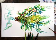 an artistic painting of leaves and branches on white paper with watercolor effect in the background