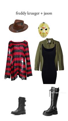 some clothes and accessories are arranged in the shape of a costume with a mask on top