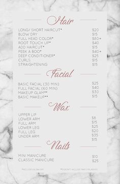 a white marble menu with red lettering on it and the price list for each item