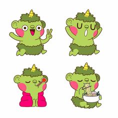 four cartoon monsters with different expressions on their faces, one holding a cup and the other eating