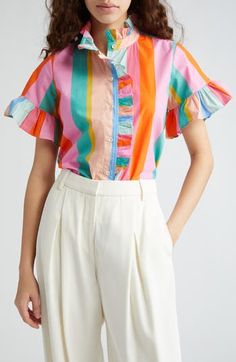 A crisp cotton blouse goes in for the charm with ripples of ruffles embellishing the placket and sleeves. 26" length (size Medium) 100% cotton Dry clean Imported Cotton Short Tops, Ankara Tops, Classic Blouse, Colorful Outfits, Fashion Gal, Classic Blouses, Blouse Nordstrom, Fashion Costume, Cotton Blouse