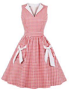 1950s Plaid Bow Pockets Lapel Dress | Retro Stage Fitted Retro Vintage Dress For Picnic, Fitted Vintage Plaid Dress, Vintage Fitted Dress For Picnic, Retro Plaid Dress For Picnic, Retro Plaid Summer Dress, Fitted Plaid Retro Vintage Dress, Fitted Retro Plaid Vintage Dress, Vintage Plaid A-line Dress, Retro Plaid Fitted Vintage Dress