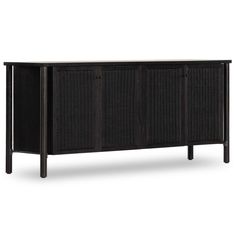 the sideboard with wicker doors is shown in dark wood and has an iron finish