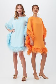 MINI NEENA CAFTAN DRESS Long Sleeve Feather Dresses For Summer, Summer Long Sleeve Dresses With Feather Trim, Blue Feather Trim Dresses For Spring, Blue Feather Trim Dress For Spring, Blue Spring Dresses With Feather Trim, Poolside Cocktails, Sunny Weather, Feather Trim, Caftan Dress