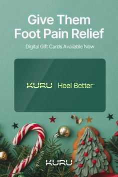 an ad for foot pain relief, with christmas decorations and candy canes on it