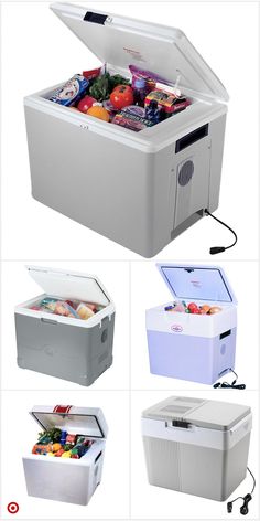 four different types of coolers with their lids open and showing the contents in each