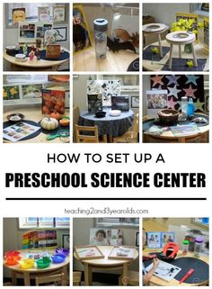 a series of photos with the words how to set up a preschool science center