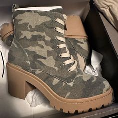 3” Heel Height Extra Wide Width Extra Cushioned Footbed Canvas Fabric, Rubber Sole Man-Made Materials Imported Lace-Up Heel Pull Tab Camouflage Print Hiker Boots, Lace Up Combat Boots, Camouflage Print, Buckle Boots, Wide Boots, Black Rhinestone, Leather Buckle, Lace Up Heels, Moto Boots