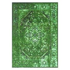 a green rug with an ornate design on the top and bottom, in front of a white background