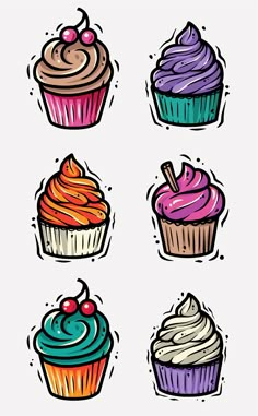 six different colored cupcakes with frosting and sprinkles