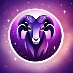 a goat with long horns standing in the middle of a purple and white circle surrounded by stars