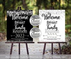 two black and white wedding signs on eases