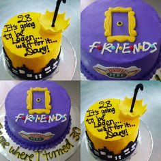 four pictures of the same birthday cake with different words on it, including one for friends and another for friends