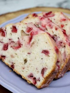 two slices of strawberry bread on a plate