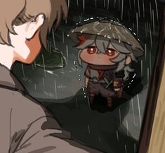 a person standing in the rain with an anime character looking at him through a window