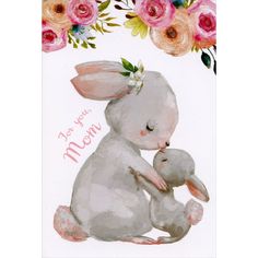 a watercolor painting of a bunny holding a baby rabbit with flowers in the background