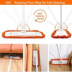 the mop is being used to clean floor with orange and white cleaning cloths