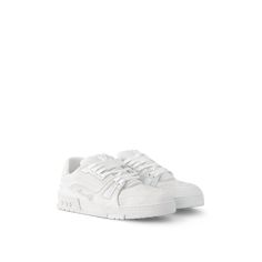 LOUIS VUITTON® - Lv Trainer Distressed Sneaker - White Lv Trainer Sneaker, Micro Bags, Ballerina Pumps, Leather Denim, Shoe Boot Sandals, Buckle Shoes, Louis Vuitton Official, Silver Jewelry Fashion, Trainer Boots