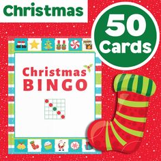 a christmas card with a sock on it and the words christmas bingo written in red