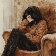 a painting of a woman sitting in a chair with headphones on