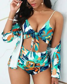 Lasaky - Tropical Print Tied Spaghetti Strap 3 Piece Cover Up Bikini Set Resort Clothing, Swimsuit With Cover Up, Bra Materials, Tropical Bikinis, Mexican Outfit, Dress Attire, Swim Suits, Plant Print, Trend Fashion