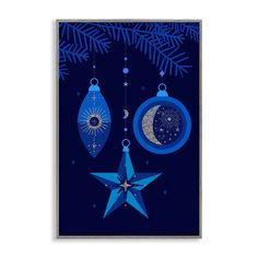 a blue christmas card with ornaments hanging from it's sides and the moon in the middle