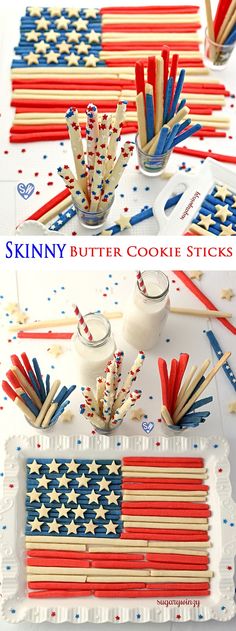 an american flag cake is decorated with red, white and blue straws for the fourth of july