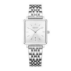 center Chic Formal Watches With Metal Dial, Trendy Formal Watch With Rectangular Dial, Chic Formal Watch With Metal Dial, Trendy Silver Watch With Metal Dial, Elegant Stainless Steel Watches With Date Display, Elegant Stainless Steel Watch With Date Display, Trendy Silver Watch For Formal Occasions, Elegant Stainless Steel Watch Accessories With Date Display, Elegant Stainless Steel Watch With Analog Display