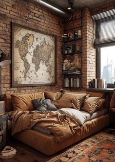 a living room filled with furniture and a large map hanging on the wall above it