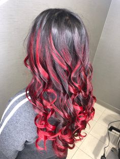 Curly red black balayage Red Ends On Brown Hair Curly, Black And Red Highlights Hair, Bright Red Highlights In Brown Hair, Prom Background, Balayage Red, Red Hair Tips, Blood Red Hair, Black Balayage