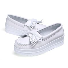 • Upper Material: Genuine Leather• Toe Shape: Round Toe• Sole Material: Rubber• Closure Type: Slip-On• Fit: Fits true to size, take your normal size• Season: Spring/Autumn• Lining Material: Polyurethane• Item # N196• Import Product• Width Options: B - Medium• Shipping Worldwide White Slip-on Loafers With Cushioned Footbed, White Synthetic Slip-on Platform Loafers, White Sole Textured Slip-on Loafers, White Low-top Loafers With Stitched Sole, Elegant White Slip-on Tassel Loafers, Women Slippers Fashion, Flat Leather Boots, Chef Shoes, Thick Heel Shoes