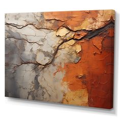 an abstract painting with orange and white colors on the wall, showing cracks in the paint